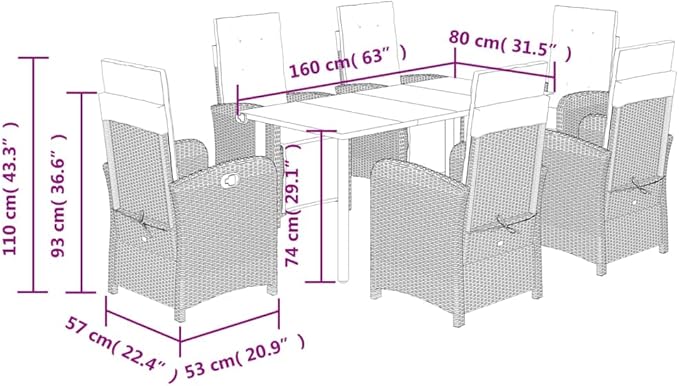 Backyard Furniture Patio Conversation Sets Outdoor Seating 7 Piece Patio Dining Set with Cushions Gray Poly Rattan Suitable for Gardens, Balconies, Decks