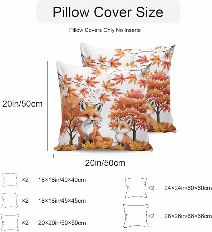 Orange Fox Outdoor Waterproof Pillow Covers, Thanksgiving Maple Leaves Autumn Trees Decorative Square Throw Pillowcase Sofa Cushion Sham for Patio/Couch/Chair, 18"x18" 2 Pack