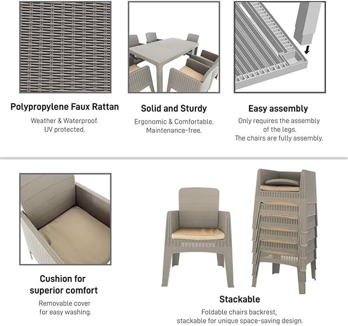 Pemberly Row 7-Piece Patio Dining Set, Gray Faux Rattan and Wood Finish, Durable Plastic, Beige Cushions, Rectangular Table with Umbrella Hole, Foldable and Stackable Armchairs, UV Protected, Outdoor