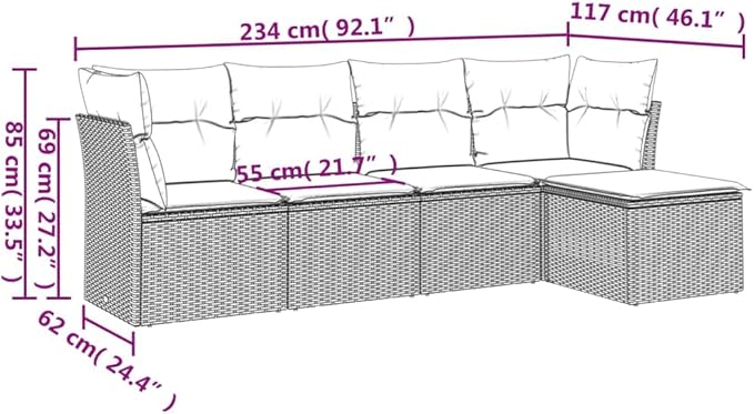 5 Piece Patio Sofa Set with Cushions, Patio Conversation Set Porch Furniture Set Outdoor Dining Sets Garden Lounge Set for Negotiation Area Piazza Exhibition Poolside Black Poly Rattan