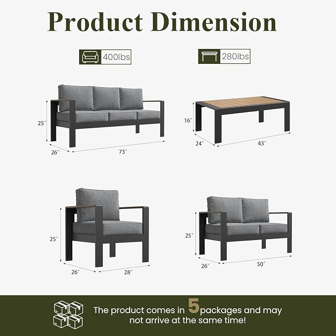 LayinSun 7 Piece Aluminum Outdoor Furniture Set with Coffee Table, Outside Patio Deep Seating Conversation Set with Upgraded Washable Thick Cushion
