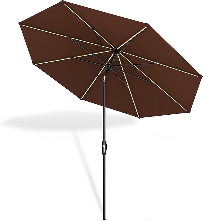 Midtown Umbrellas The LED Swilt 10 Feet Patio Umbrella With Sunbrella Bay Brown Acrylic Fabric - Auto-Tilt Aluminum Frame With LED Lights For Backyard, Deck, Garden, Pool - Black Pole