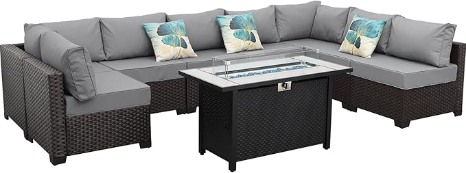 9 Pieces Wicker Patio Furniture Set Outdoor PE Rattan Sectional Conversation Sofa Set with Grey Cushions and 45 Gas fire Pit Table