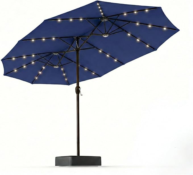 15FT Patio Umbrella with Solar Lights, Double-Sided Extra Large Outdoor Table Umbrella with Base Included, Heavy-Duty 12 Iron Ribs Market Umbrella for Garden, Pool, Backyard, Navy Blue