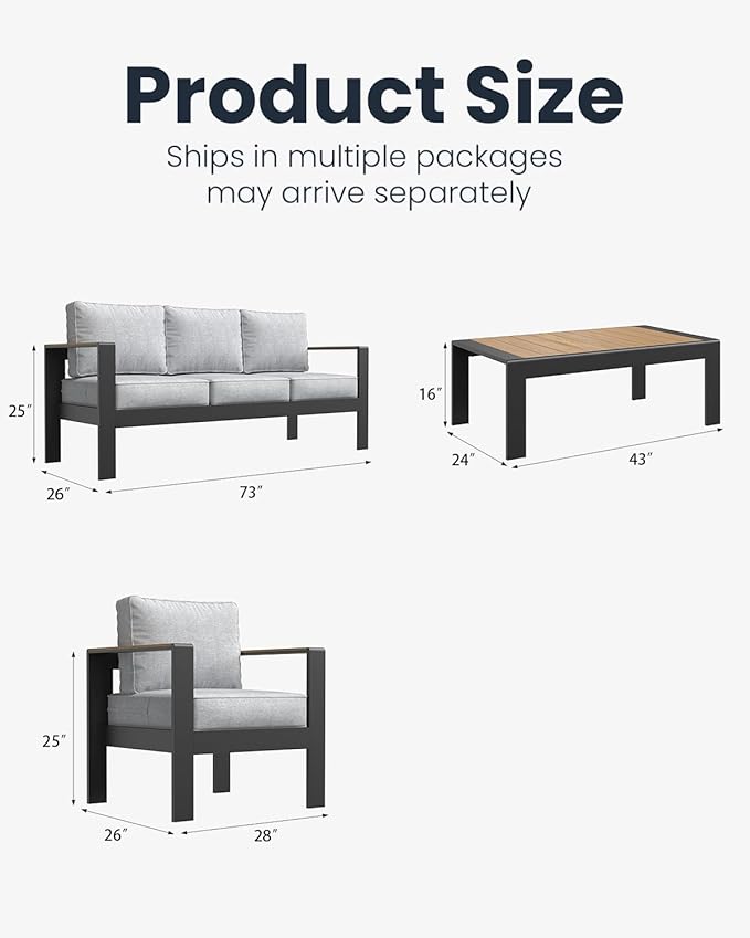 4 Pieces Aluminum Outdoor Patio Furniture Set with Coffee Table, Outside Metal Patio Conversation Sets with Deep Seating and Thick Cushions