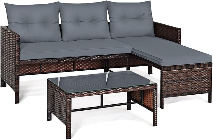 3 Pieces Rattan Sectional Sofa Set, Patio Wicker Rattan Conversation Set with Chaise Lounge, Love Seat & Coffee Table, Patio Furniture Set for Garden, Lawn, Poolside (Gray)