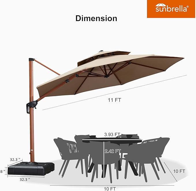 PURPLE LEAF 11 Feet Wood Pattern Round Patio Umbrella With Base Double Top Deluxe Umbrellas Cantilever Outdoor Umbrella Garden Umbrellas Deck Pool Umbrella, Heather Beige