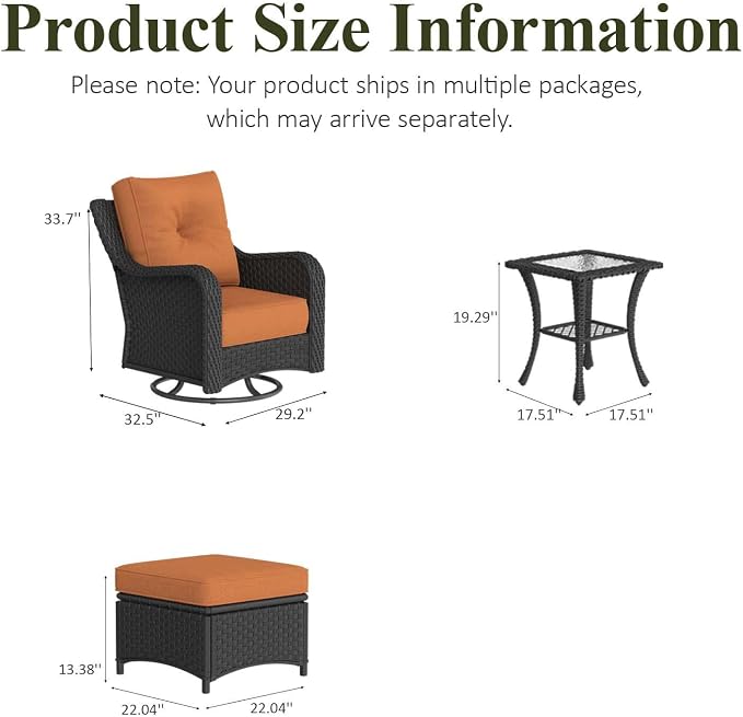 LayinSun 5 Piece Wicker Outdoor Furniture Set with 6-inch Comfy Cushions, High Back Patio Furniture Set with Swivel Rocking Chairs and Side Table