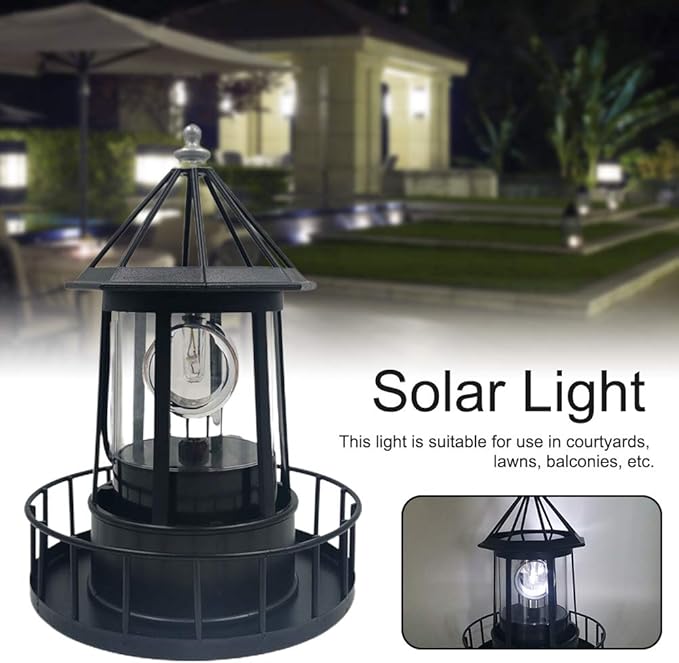 CALIDAKA LED Solar Powered Lighthouse 360 Degree Rotating Lighthouse Landscape IP65 Waterproof Durable Rotatable Outdoor Solar Light Lamp Hanging for Home Garden Yard Decor