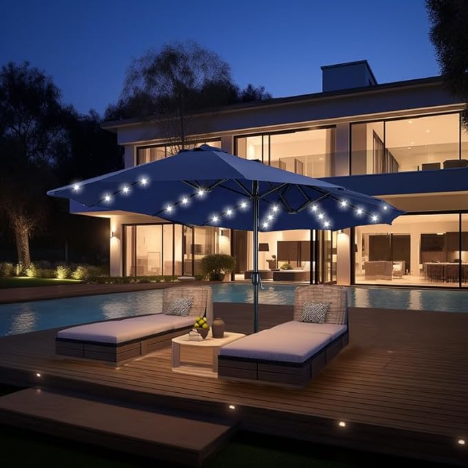 GREEN PARTY 15 ft Large Outdoor Patio Umbrella with Solar Led Lights & Base Included, Double-Sided Rectangular Table Umbrella with Stand, Market Umbrellas for Deck Poolside Garden Backyard, Navy Blue