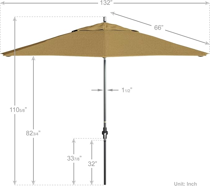 California Umbrella 11Ft Premium Sunbrella Patio Umbrella, Hand-Crank, Tilt-Collar, Gray Frame, Heather Beige Fabric