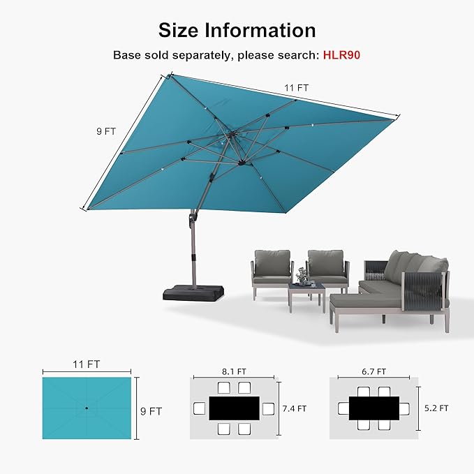 PURPLE LEAF 9' X 11' Patio Umbrella, Rectangle Outdoor Cantilever Umbrella, Aluminum Offset Umbrella with Champagne Frame and 360° Rotation for Pool Deck Garden, Turquoise Blue