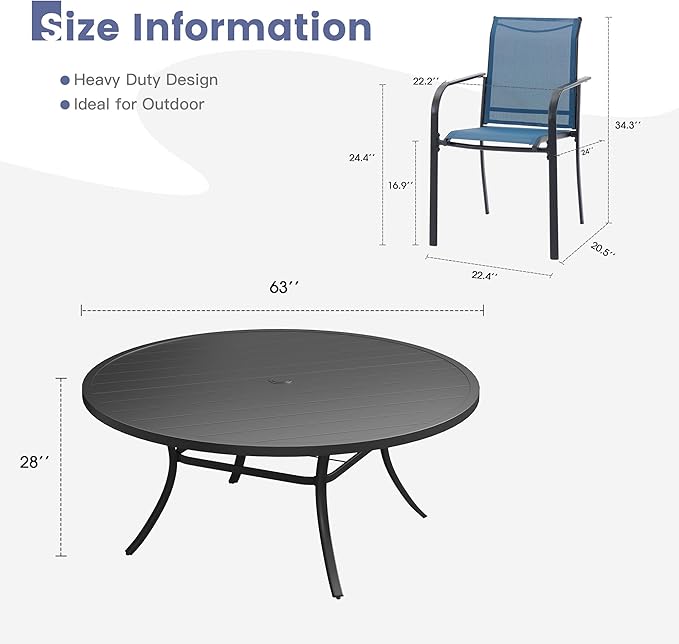 VICLLAX Round Outdoor Dining Set, Patio Table and Chairs Set Set of 10 Patio Stackable Chairs and 63" Outdoor Round Table with Umbrella Hole for Backyard Lawn Garden, Blue Chairs and Black Table
