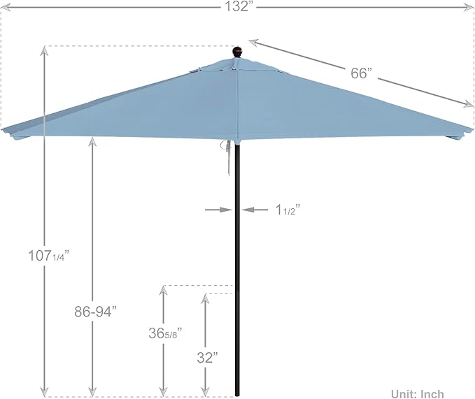 California Umbrella 11Ft Commercial Grade Sunbrella Fabric Market Umbrella, Pulley Lift, Aluminum/Fiberglass, 2mm pole wall, Bronze Frame, Air Blue Fabric