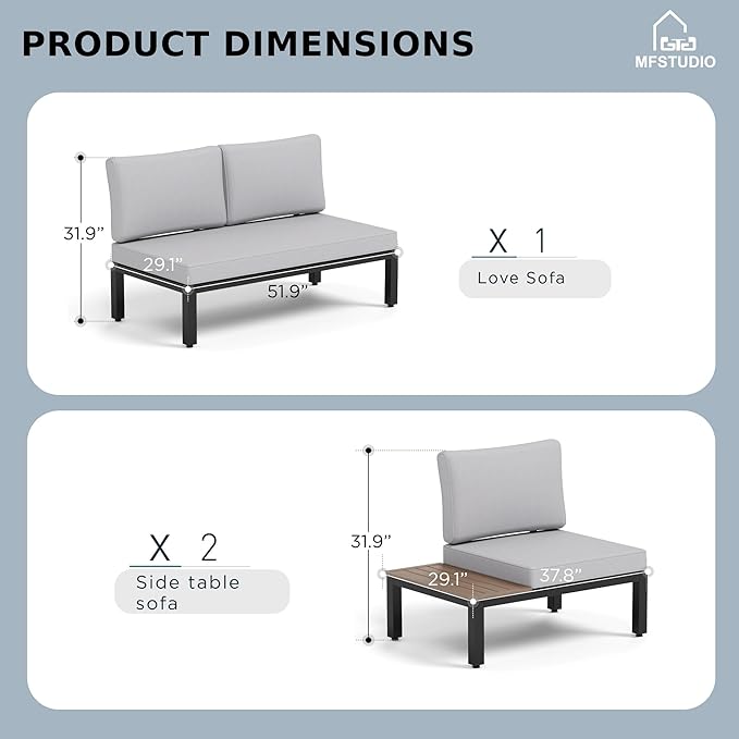 MFSTUDIO 3 Pieces Patio Furniture Set,Outdoor Metal Frame Patio Sectional Sofa Conversation Set with Removable Cushion for Backyard,Garden,Poolside
