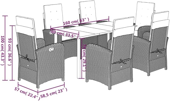 Backyard Furniture Patio Conversation Sets Outdoor Seating 7 Piece Patio Dining Set with Cushions Gray Poly Rattan Suitable for Gardens, Balconies, Decks