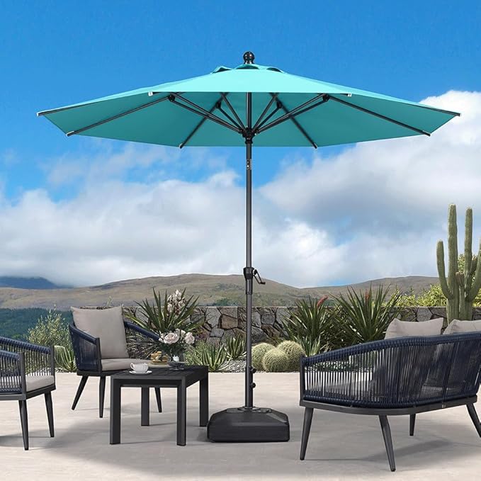 PURPLE LEAF 10' Round Patio Umbrella Outdoor Table Umbrella Aluminum Frame Market Umbrella Sun Umbrella with 8 Sturdy Ribs Tilt for Garden Deck Lawn Pool Turquoise Blue