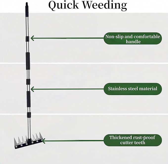 5.1FT Weeding Rake - Upgraded 8 Teeth Weed Puller Tool, Heavy Duty Manual Weeder Remover Tool for Weeding, Cultivating & Soil Aeration