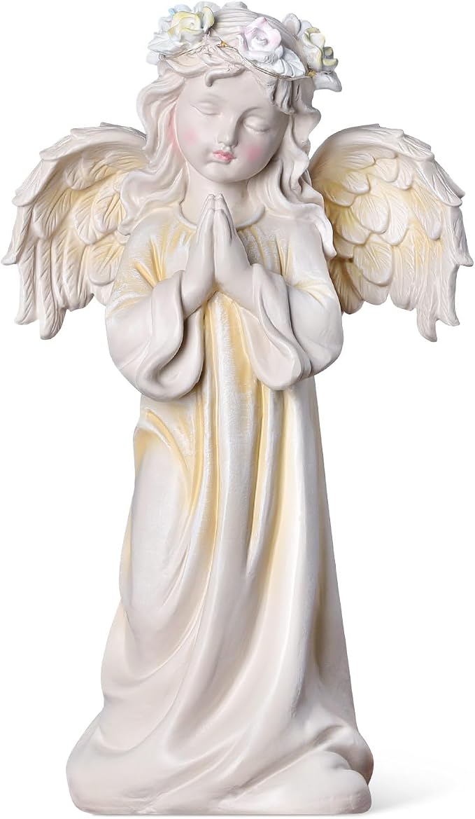 Angel Garden Statue, Memory Guardian Solar Decor with Warm Light | Waterproof Outdoor Garden Decor Praying Angel Figurine Sculpture for Lawn Yard Patio, Sympathy Present, White