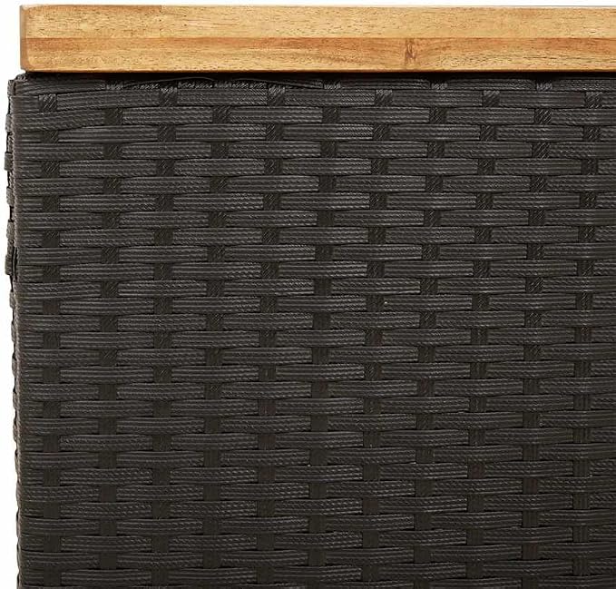 Garden Storage Box, 43.3 Inch Outdoor Deck Box with Acacia Wood and Poly Rattan, Rectangular Patio Storage Bench for Cushions and Garden Tools, Black and Brown