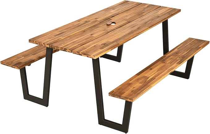 S AFSTAR 70" Outdoor Picnic Table, Heavy Duty Wooden Table and Bench Set with Umbrella Hole, All-Weather Acacia Wood Picnic Tables for 6, Garden, Backyard, Porch, Patio