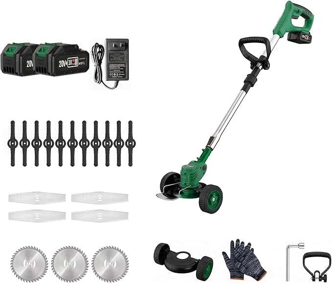 FIREHELP-20V Max Brushless String Trimmer Edger with Dual Batteries, Adjustable Telescopic Shaft, 3 Mode Cutting (Trimmer/Edger/Mower) (Fruit Green + Wheel Kit)