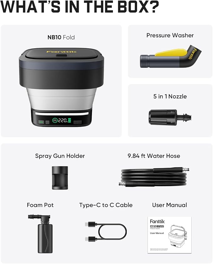 Fanttik NB10 Fold Cordless Electric Pressure Washer, Foldable Sprayer Washer w/3.2gal Tank, HD LED Display, 5-in-1 Nozzle, Max 220PSI, Type-C Charging, for Light Cleaning in Patio, Bicycles & Camping