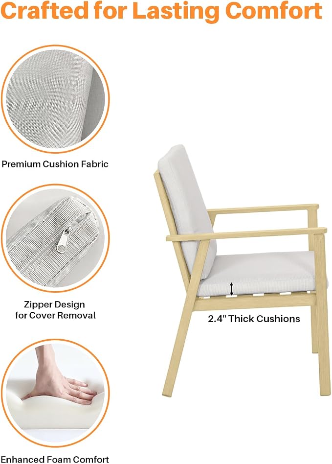 Never-Rust Outdoor Patio Dining Chairs, 2 Pieces Outdoor Aluminum Dining Chairs with Thickened Cushions, Patio Dining Furniture Chairs Set for Garden, Decks, Porch, Pool, Maple Wood