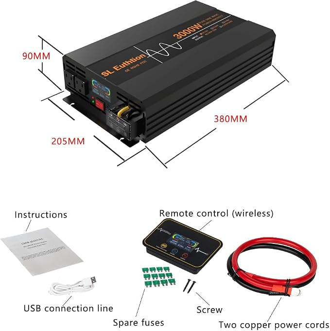 3000W/6000W(Peak) Pure Sine Wave Car Power Inverter 12V DC to 120V AC 60HZ with LCD Display, USB Port, Wireless Remote Control(10M) for Car Home Laptop Truck