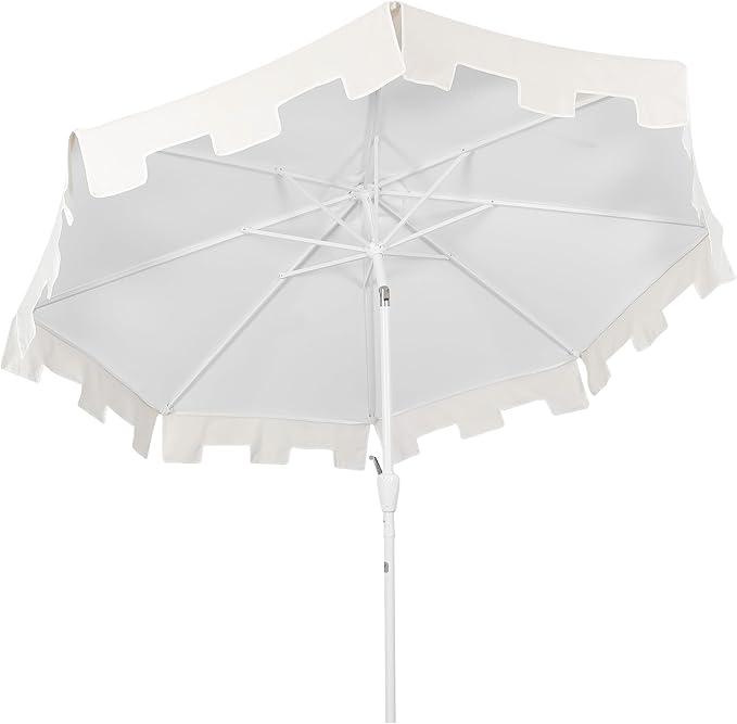 JONATHAN Y Baiona 9 ft. White/Cream Outdoor Patio Umbrella with Crank Lift and Tilt, 8 Ribs UV-Resistant Market Table Umbrella with Square Trim for Pool, Deck, Coastal, White Pole UMB1000B
