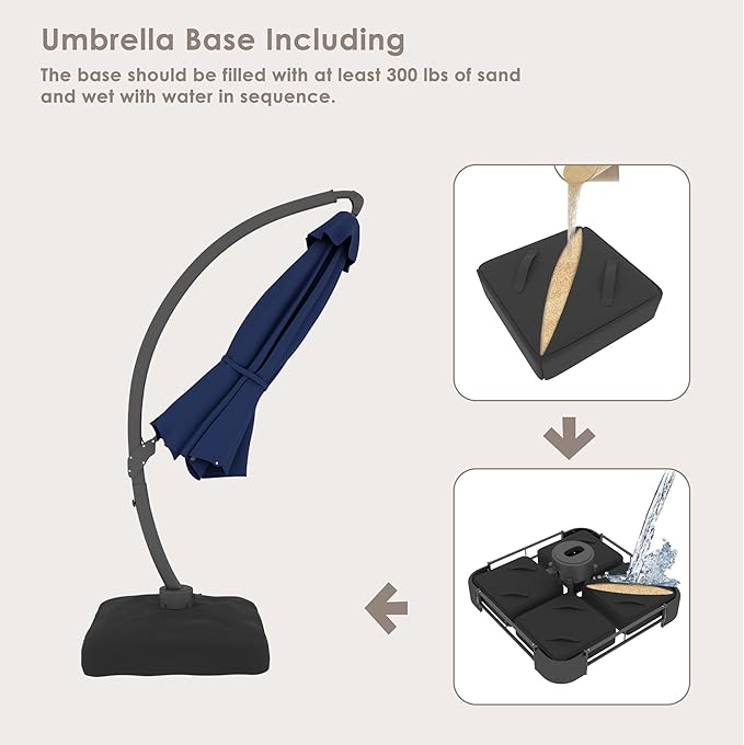 ENSTVER 11FT Cantilever Patio Umbrella With Base Included, Round Large Aluminum Outdoor Cantilever, Heavy Duty Offset Umbrella with 360°Rotation for Pool, Deck, Backyard, Garden(Navy Blue)