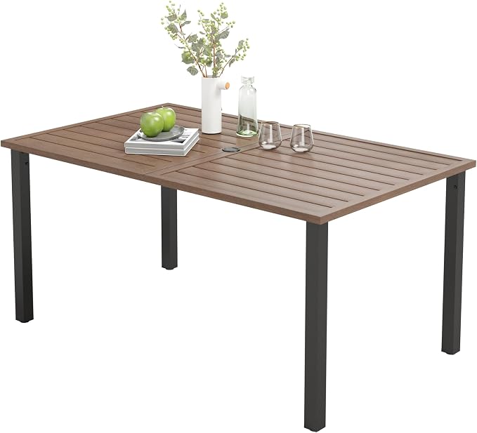 MIXPATIO Outdoor Patio Dining Table for 6, 60" x 36" Rectangular Metal Patio Dining Table with Umbrella Hole and Wood-Like Tabletop, All Weather Wrought Iron Outdoor Table for Backyard and Porch
