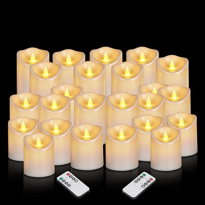 Flameless Candles 4" 5" 6" Outdoor Indoor Pillars Battery Operated Flickering Candles Include 10-Key Remote Timer 400+ Hours by 2 AA Batteries (White Candle - Warm light, 3"D x 4"|5"|6" H - 24 Pack)