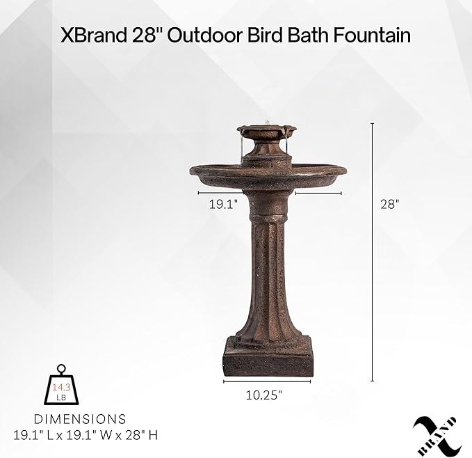 XBrand 28" Outdoor Bird Bath Fountain, Brown Resin, Decorative 1-Tier Water Feature for Patio