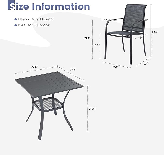 VICLLAX Outdoor Dining Set for 2, Small Patio Table and Chairs Set of Stackable Patio Sling Chairs and Square Dining Table for Front Porch, Dark Grey Fabric and Grey Table