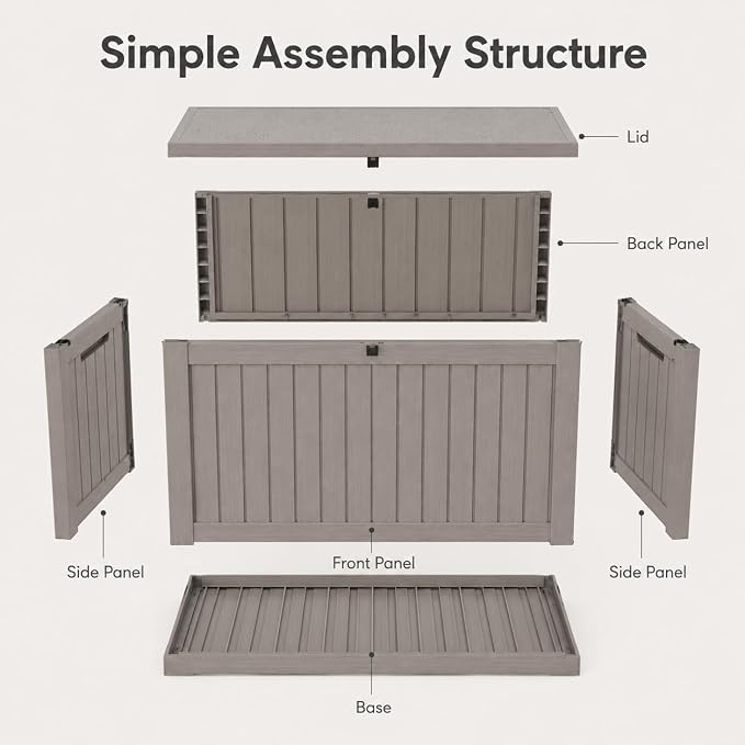146 Gallon Deck Box, Waterproof Outdoor Storage Box, Lockable Resin Patio Storage Box for Cushions, Garden Tools & Pool Accessories, Heavy Duty Outdoor Storage Bench, Gray Brown
