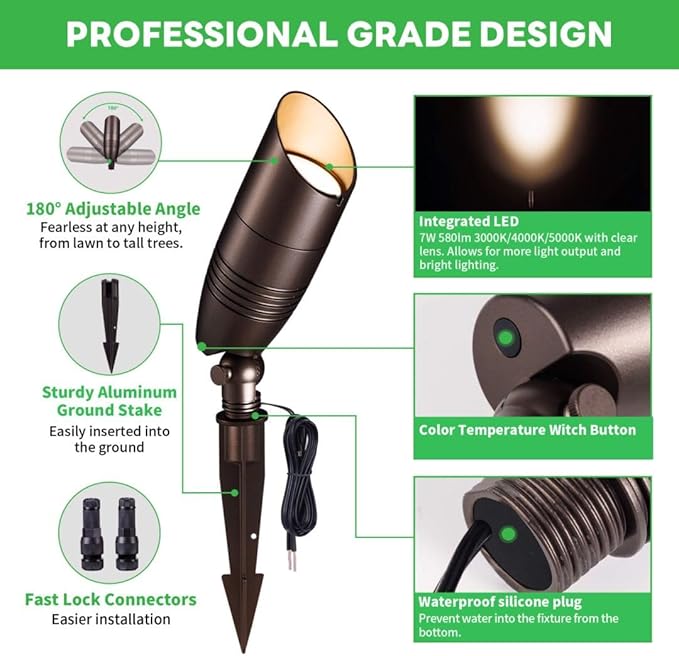 3CCT LED Spotlight, 3000K/4000K/5000K Selectable Low Voltage Landscape Lights, IP65 Waterproof ORB Aluminum, Perfect for Outside Backyard Fence Patio 8 Pack
