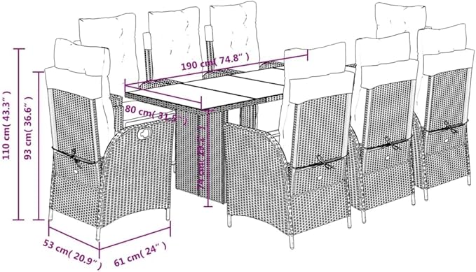 Backyard Furniture Patio Conversation Sets Outdoor Seating 9 Piece Patio Dining Set with Cushions Gray Poly Rattan Suitable for Gardens, Balconies, Decks
