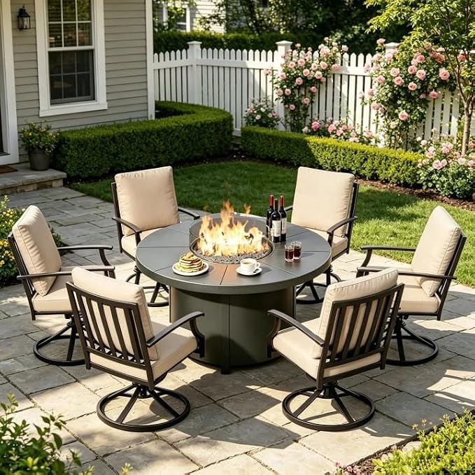 ALAULM 7-Piece Outdoor Dining Set for 6 Metal Outdoor Patio Furniture with 6 Swivel Chairs & 40000 BTU Round Fire Pit Table for Patio, Backyard, Garden-Sand