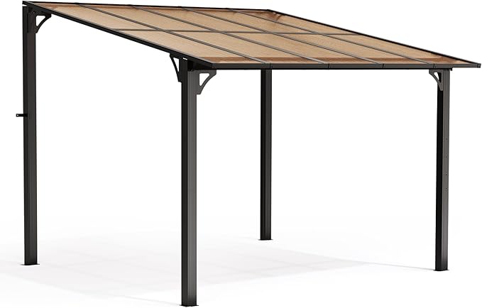Pamapic 10x10FT Wall Mounted Gazebo, Hardtop Lean to Gazebo with Aluminum Frame & UV Resistant Polycarbonate Roof, Outdoor Patio Awning for Deck, Porch, Lawn & Backyard