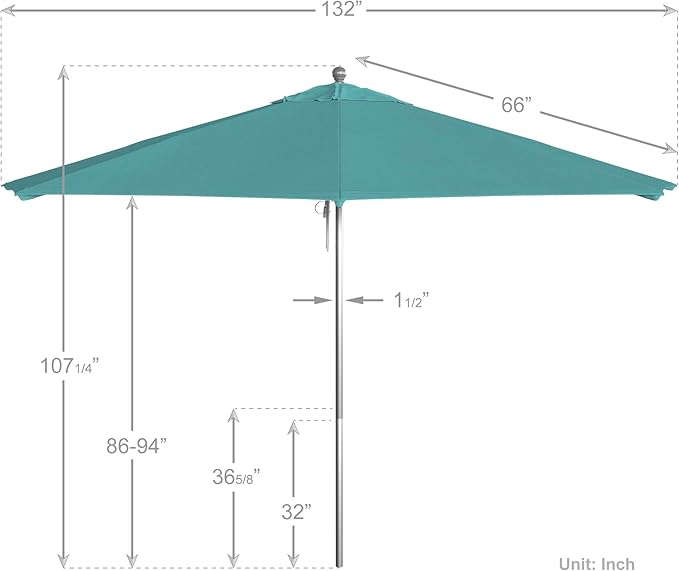 California Umbrella 11Ft Commercial Grade Sunbrella Fabric Market Umbrella, Pulley Lift, Aluminum/Fiberglass, 2mm pole wall, Silver Frame, Aruba Fabric