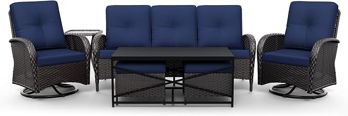 Joyside Wicker Patio Furniture Set, 7 Piece Outdoor Furniture Set with Thickened Cushions, High Back, Deep Seating, Wide Armrest, Outdoor Swivel Rocker Chairs for Porch, Deck