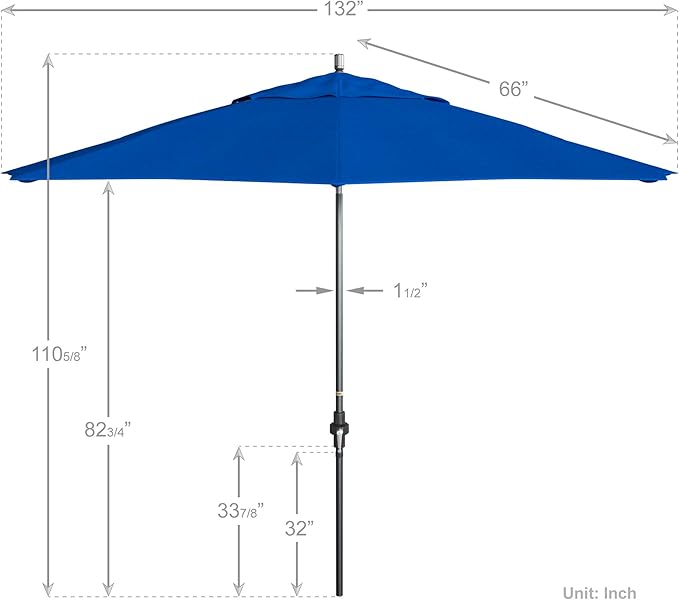 California Umbrella 11Ft Fiberglass Rib Patio Umbrella, Hand-Crank, Tilt-Collar, Gray Frame, Solution Dyed Royal Blue Fabric