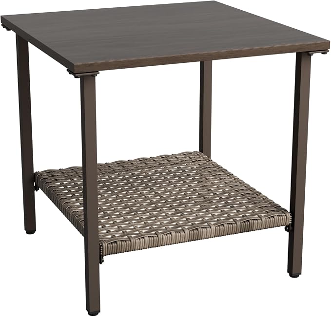 Vista Oasis Outdoor Steel Patio Table, Patio Side Table with Lower Storage, Outdoor Furniture for Balcony, Porch and Garden, Wood Grain Top
