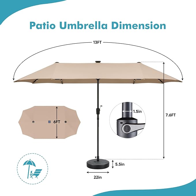 Ainfox 13ft Large Patio Umbrella with Base, Double-Sided Big Outdoor Umbrella for Poolside