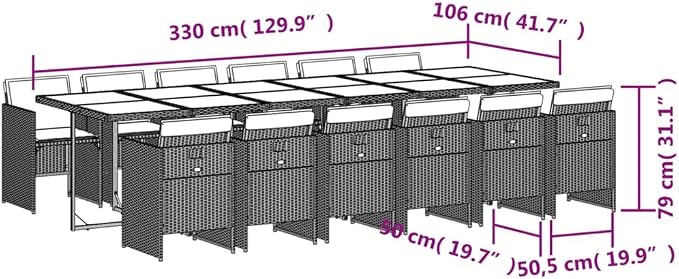 13 Piece Patio Dining Set with Cushions Beige Poly Rattan Outdoor Dining Table for 12 People Garden Furniture Set with Foldable Chairs Tempered Glass Top UV Proof Space Saving for Backyard Poolside