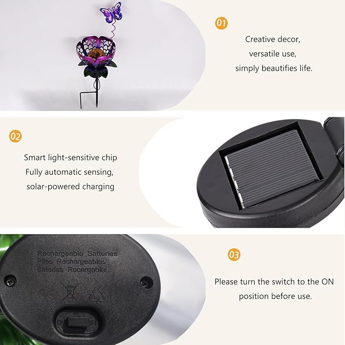 Solar Lights Outdoor Garden Decor, Metal Tulip & Butterfly Decoration Solar Lawn Lamp for Courtyard, Metal Flowers Outdoor Waterproof for Landscape Patio Yard Decor (Purple)
