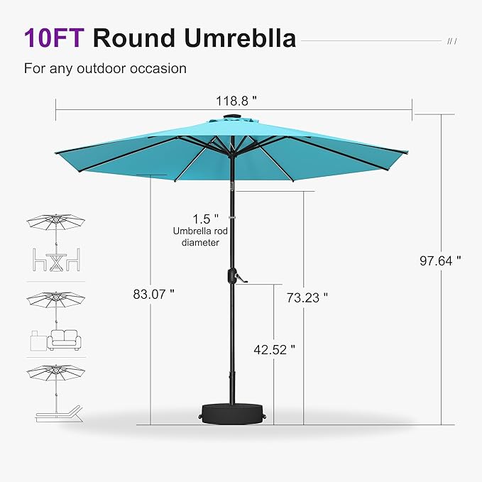 PURPLE LEAF 10' Round Patio Umbrella with Solar LED Outdoor Table Umbrella Aluminum Frame Market Umbrella with 8 Sturdy Ribs & Tilt for Garden Deck Lawn Pool Turquoise Blue