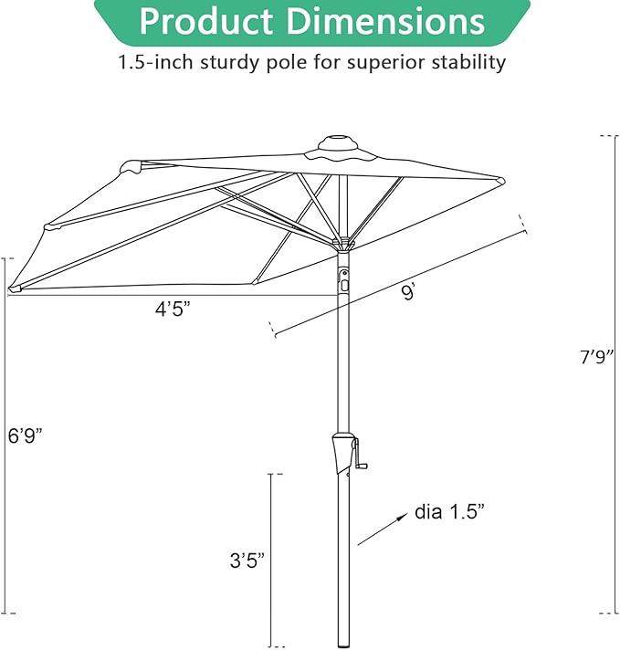 Helios&Hestia 9 ft Small Half Round Solar Powered Wall Outdoor Market Patio Umbrella with LED Lights and Tilt for Garden, Deck, Balcony