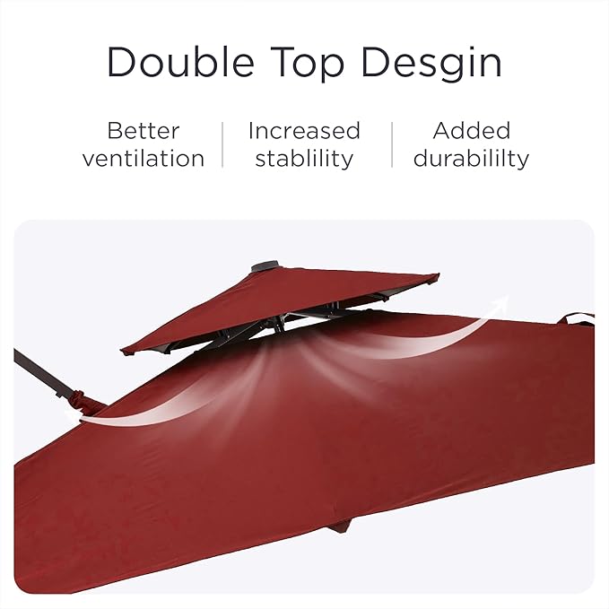 9' X 12' Patio Umbrella with Weighted Base and LED Lights Outdoor Cantilever Large Rectangle Offset Umbrellas Heavy Duty Aluminum Double Top with 360-degree Rotation for Pool Garden Deck, Red